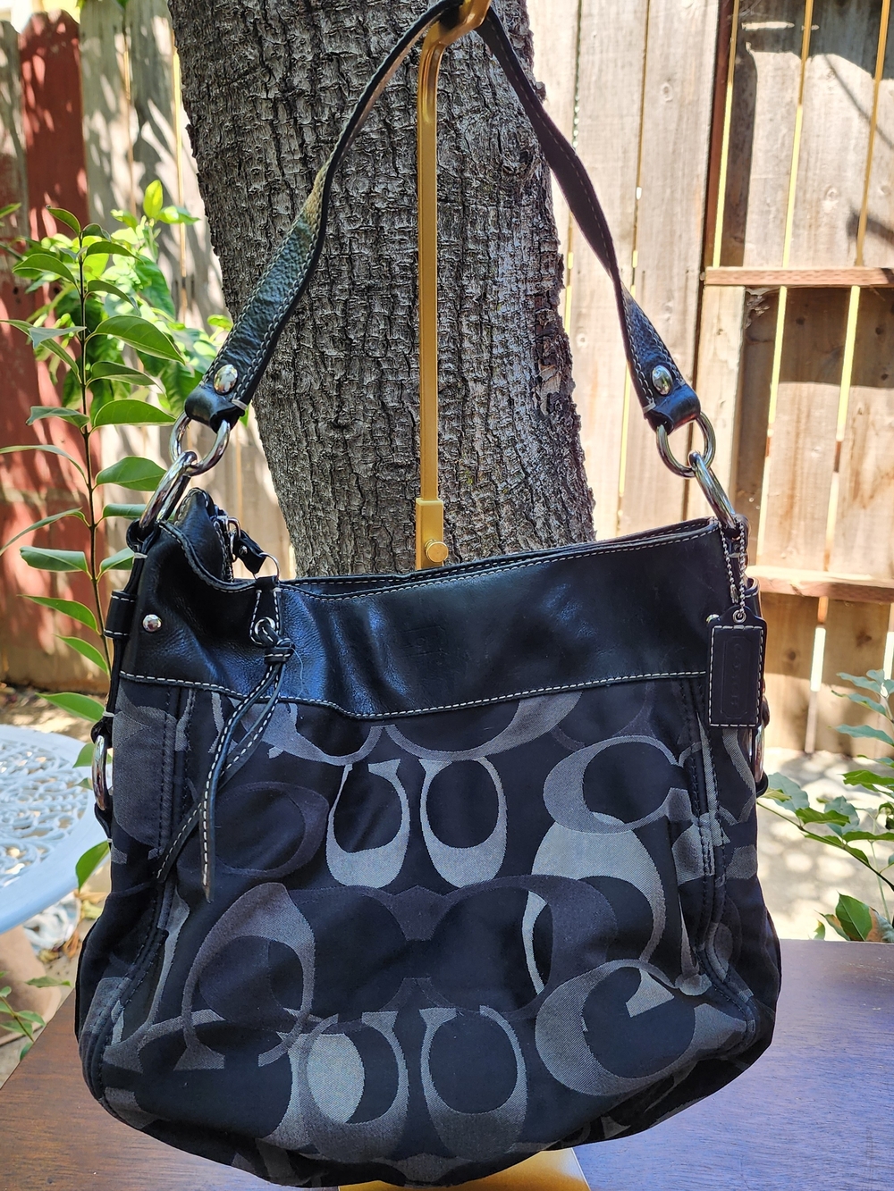 Coach Zoe Optic Signature C Jacquard Hobo Shoulder Bag Black Grey